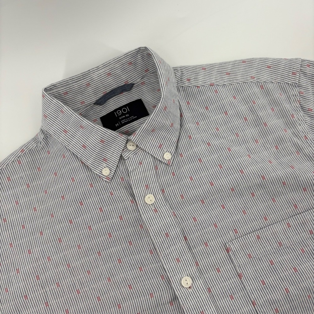 1901 Mens Trim Fit Short Sleeve Button Down Shirt Gray Red Stripe Pattern Size M